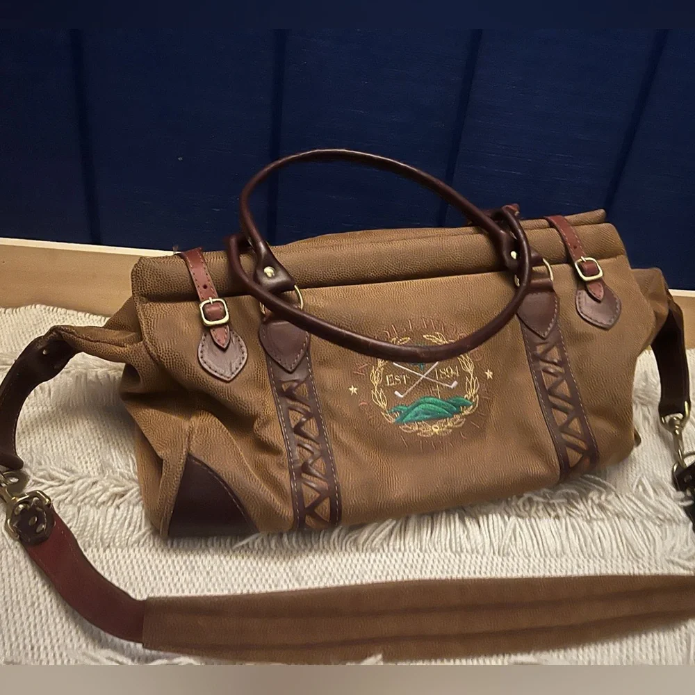 Vintage Leather Golf Duffel Bag with Embroidery